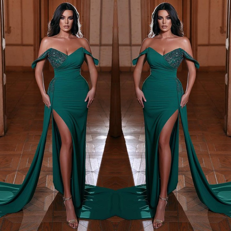 Emerald Off-The-Shoulder Mermaid Evening Dress with V-Neck and Ruffles Split