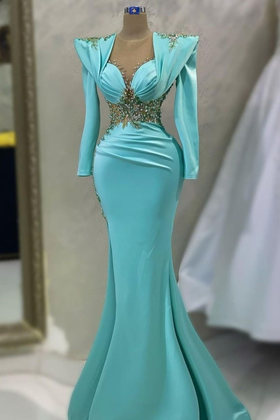 Emerald Satin Long Sleeve Mermaid Prom Dress with Appliques