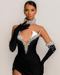 Evening Dress Black V-Neck Halter Half Sleeves Beadings Split
