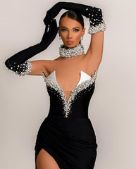 Evening Dress Black V-Neck Halter Half Sleeves Beadings Split