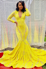 Evening Dress Yellow Mermaid Long Sleeves with Appliques