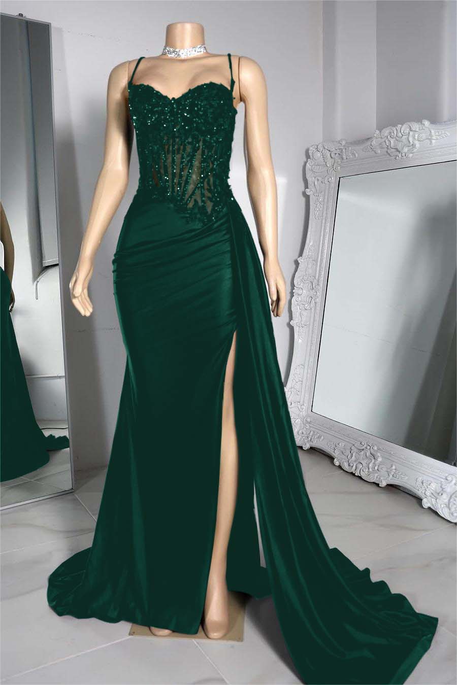 Exquisite Spaghetti Strap Pleated Long Prom Dress with Beading Split