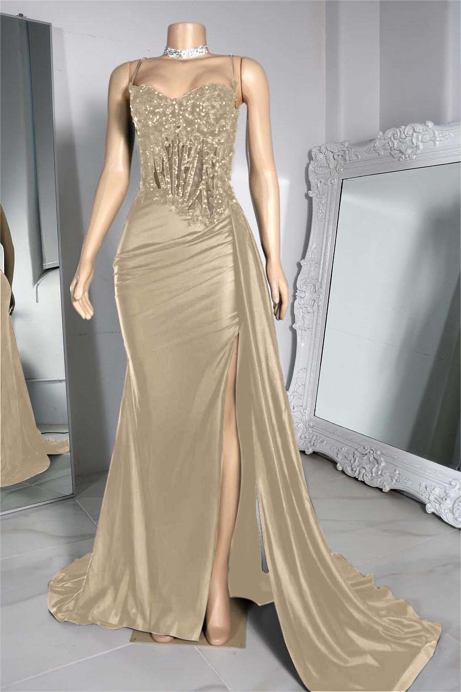 Exquisite Spaghetti Strap Pleated Long Prom Dress with Beading Split