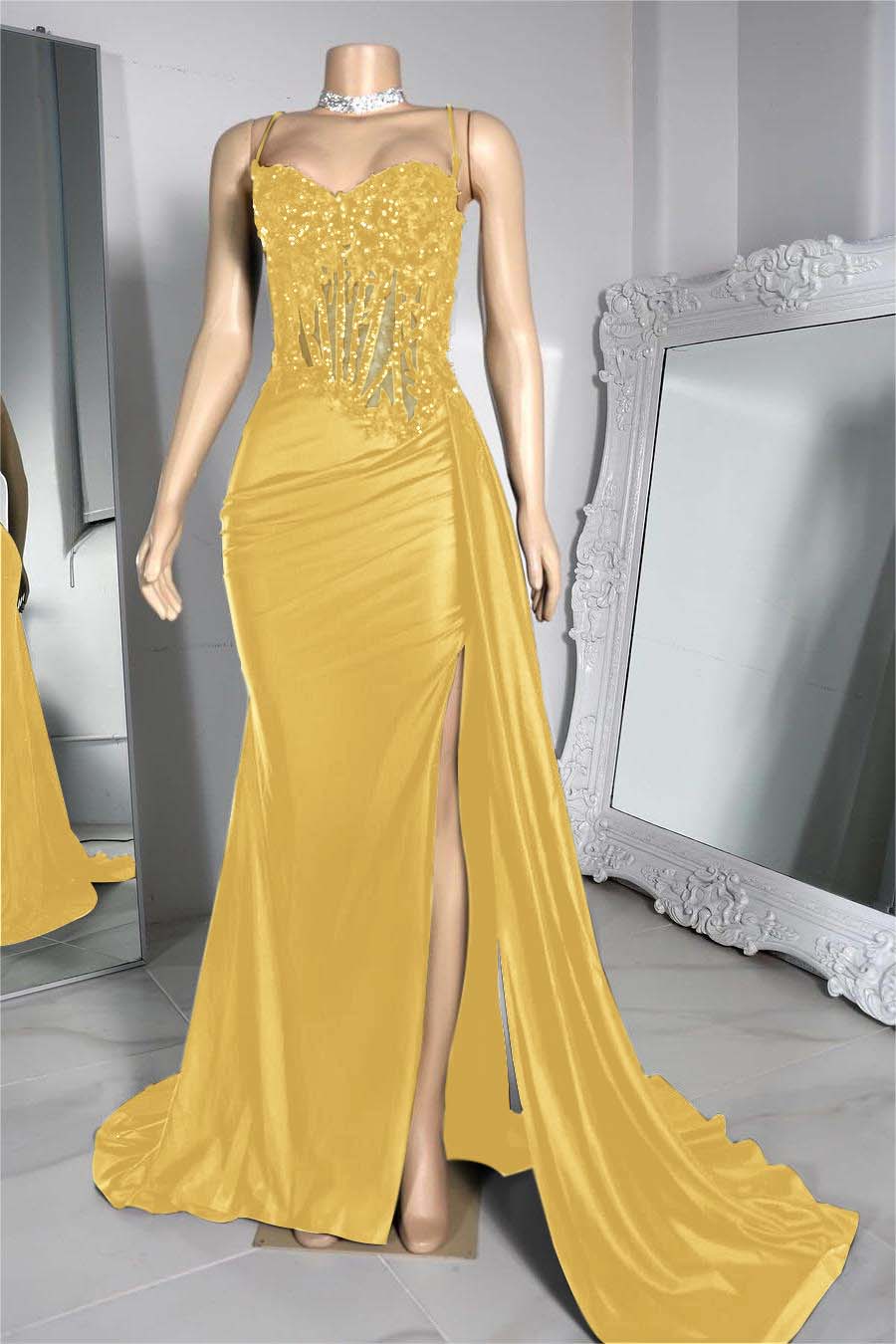 Exquisite Spaghetti Strap Pleated Long Prom Dress with Beading Split