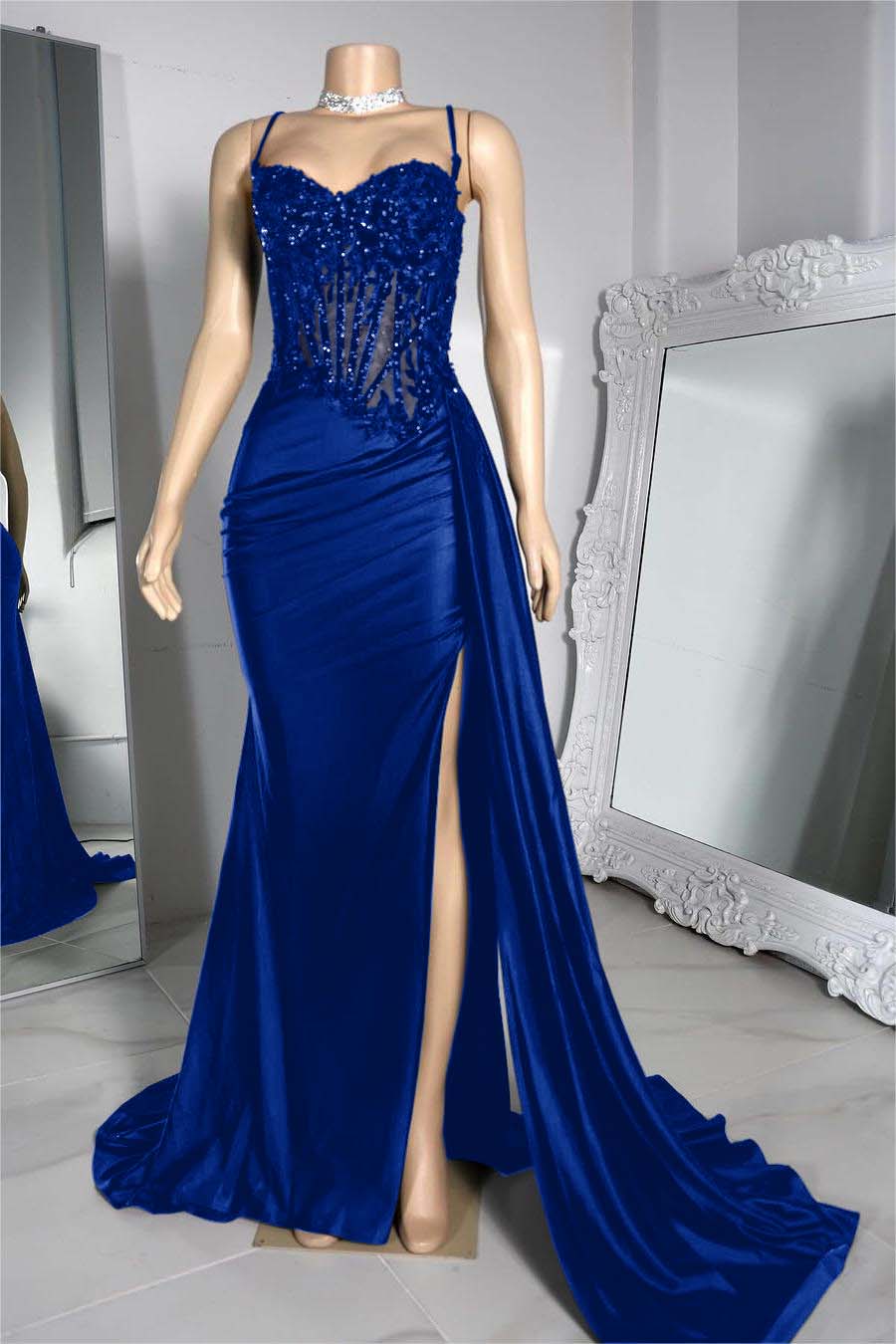 Exquisite Spaghetti Strap Pleated Long Prom Dress with Beading Split