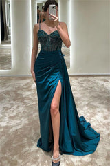 Exquisite Spaghetti Strap Long Prom Dress with Beading, Split and Pleated