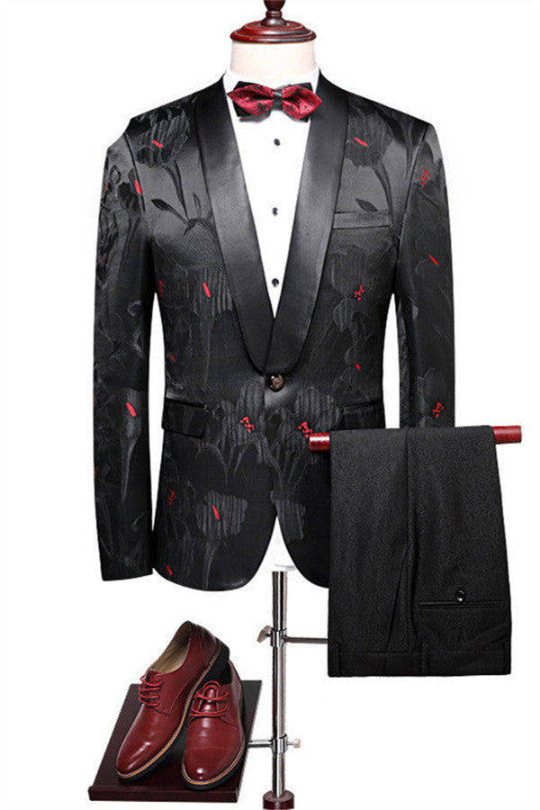 Fashion Black Jacquard Slim Fit Prom Suit for Men, 2 Pieces