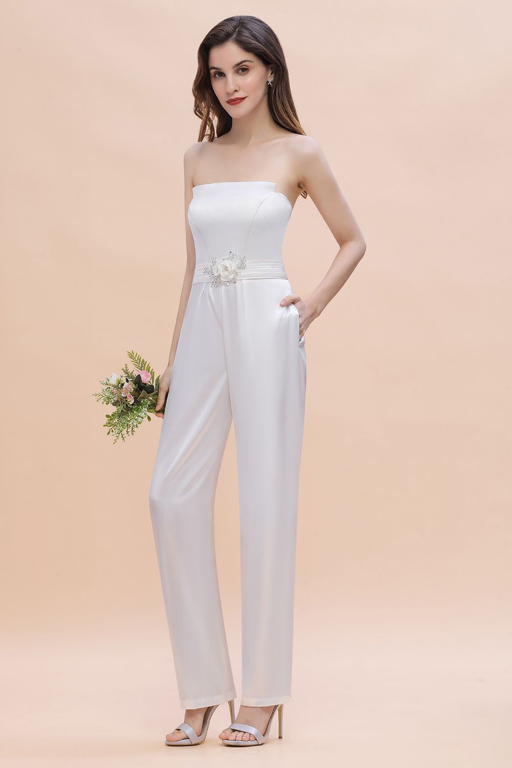 Fashion Strapless Satin Sleeveless Bridesmaid Jumpsuit with Beading Flowers On Sale-Babyonlines