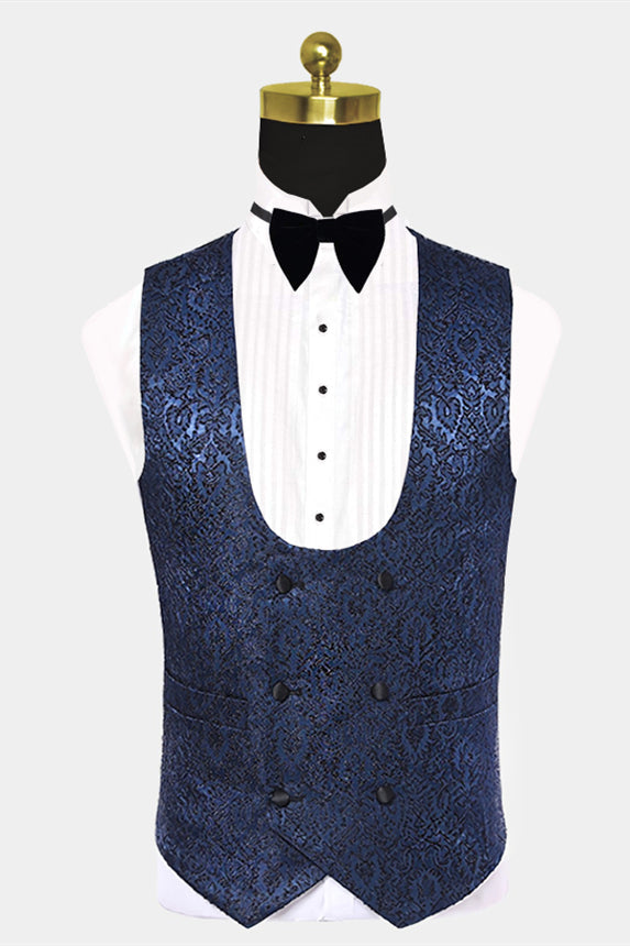 Fashionable Damask Floral Dark Navy Summer Wedding Suit with Black Satin Lapel