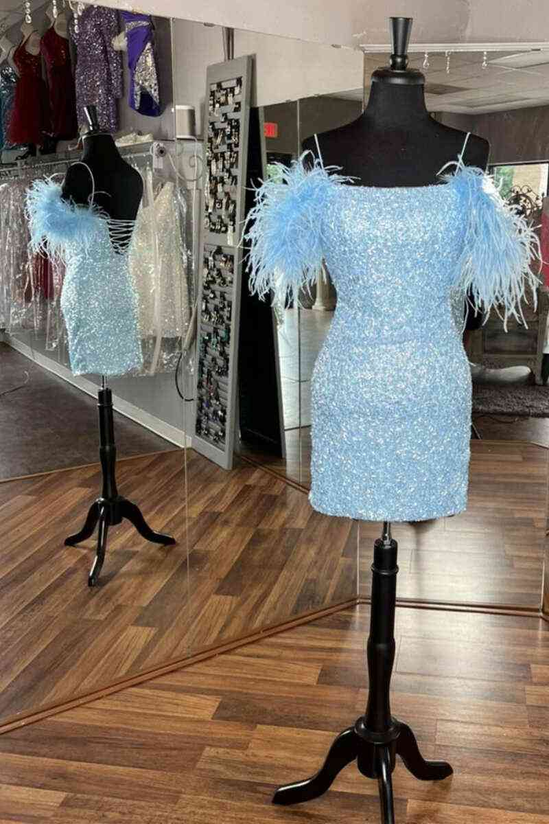 Feather Cold Shoulder Lilac Sequins Mini Homecoming Dress