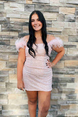 Feather Cold Shoulder Lilac Sequins Mini Homecoming Dress