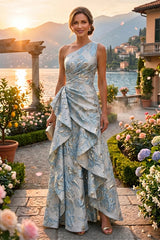 Floral Print A‑Line Princess One Shoulder Floor‑Length Evening Dresses with Ruffles
