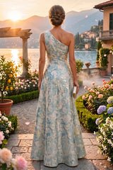 Floral Print A‑Line Princess One Shoulder Floor‑Length Evening Dresses with Ruffles