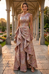Floral Print A‑Line Princess One Shoulder Floor‑Length Evening Dresses with Ruffles