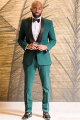 Formal Dark Green One-Button Wedding Suit with Black Shawl Lapel