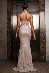 Long Mermaid Halter Sleeveless Formal Evening Dresses with Applique