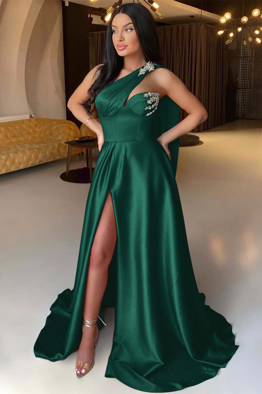 One Shoulder Mermaid Long Prom Dress with Front Split and Beading