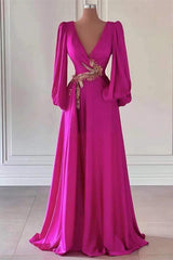 Dark V Neck A-Line Long Sleeve Long Prom Dress