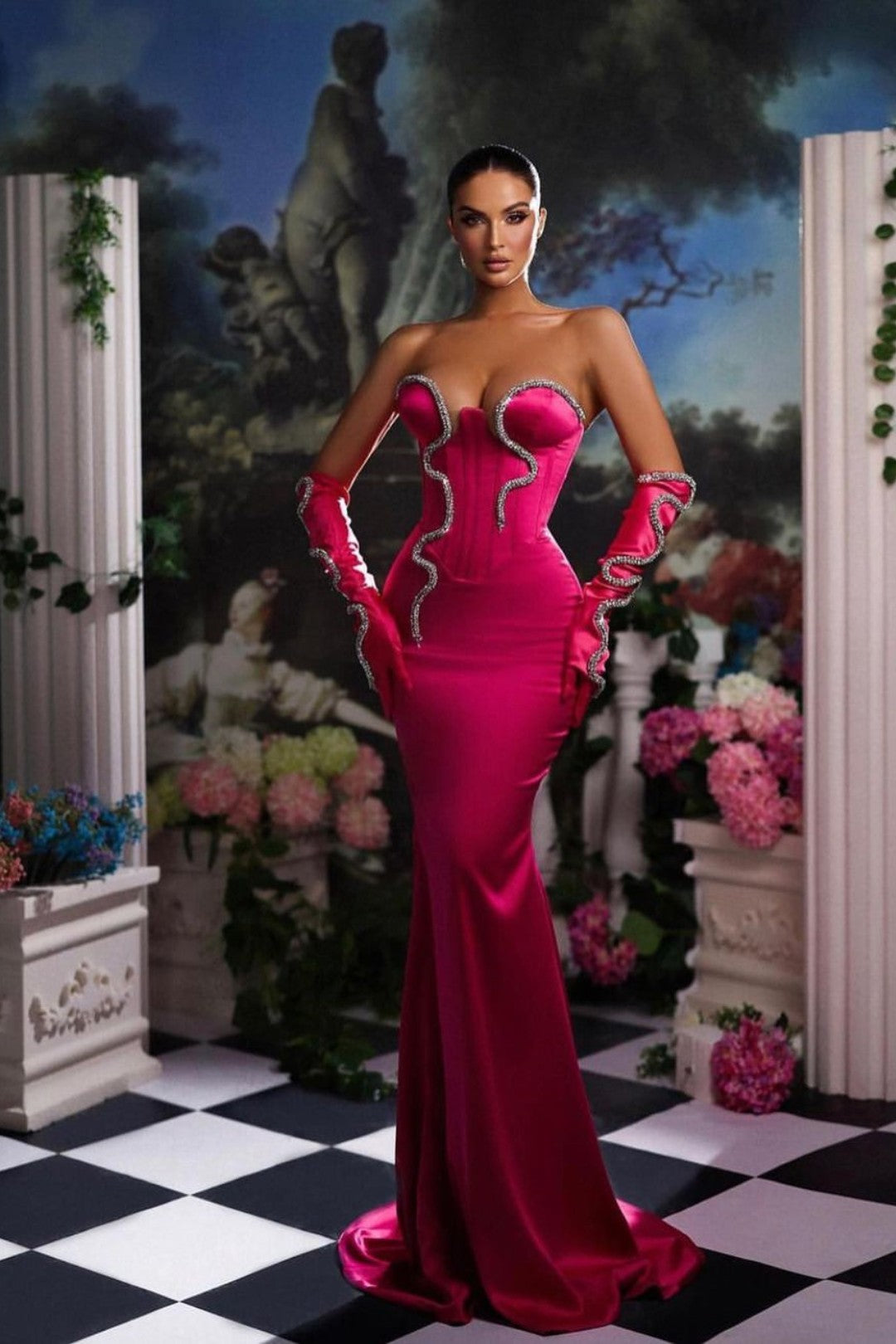 Fuchsia Strapless Mermaid Prom Dress with Gloves
