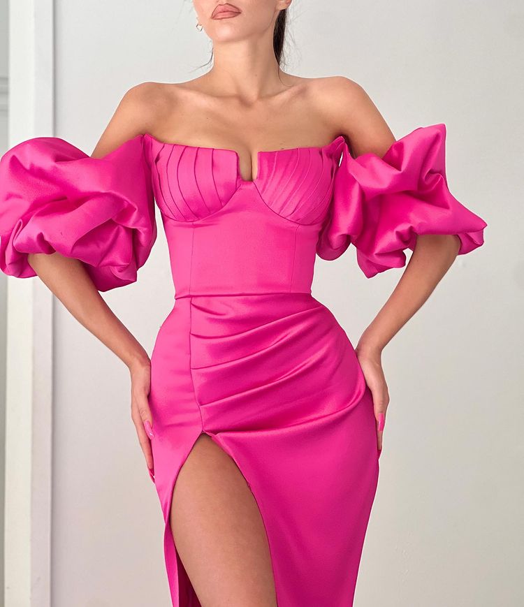 Fuchsia Off the Shoulder Mermaid Prom Dress with Split and Puff Sleeves