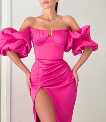 Fuchsia Off the Shoulder Mermaid Prom Dress with Split and Puff Sleeves