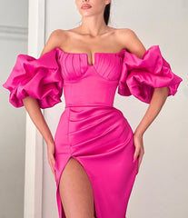 Fuchsia Off the Shoulder Mermaid Prom Dress with Split and Puff Sleeves