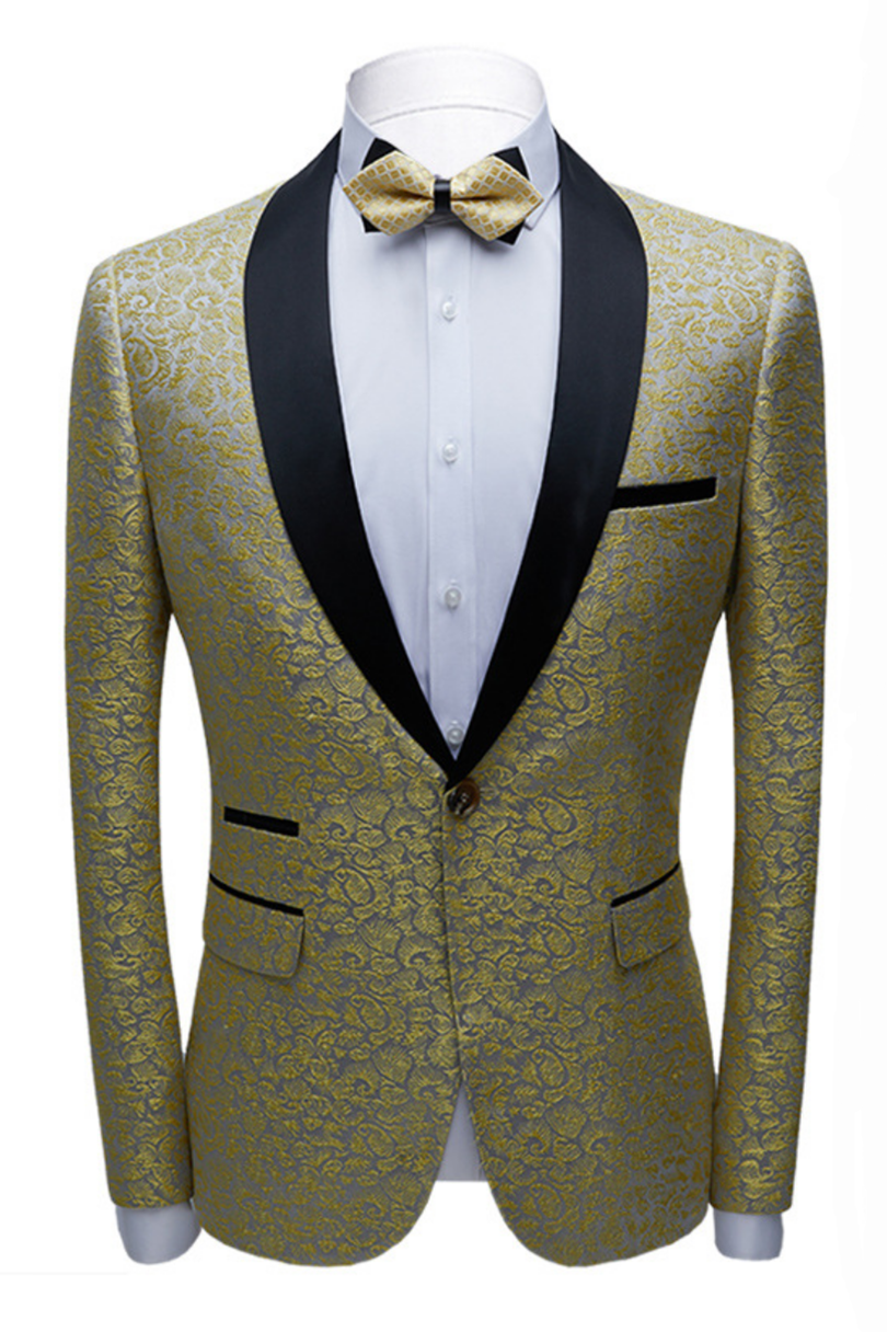 Gentle Black Shawl Lapel One-Button Jacquard Wedding Suit