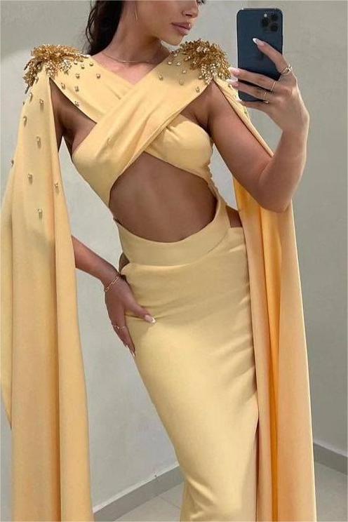 Glamorous Daffodil Long Prom Dress with Beading and Pleated