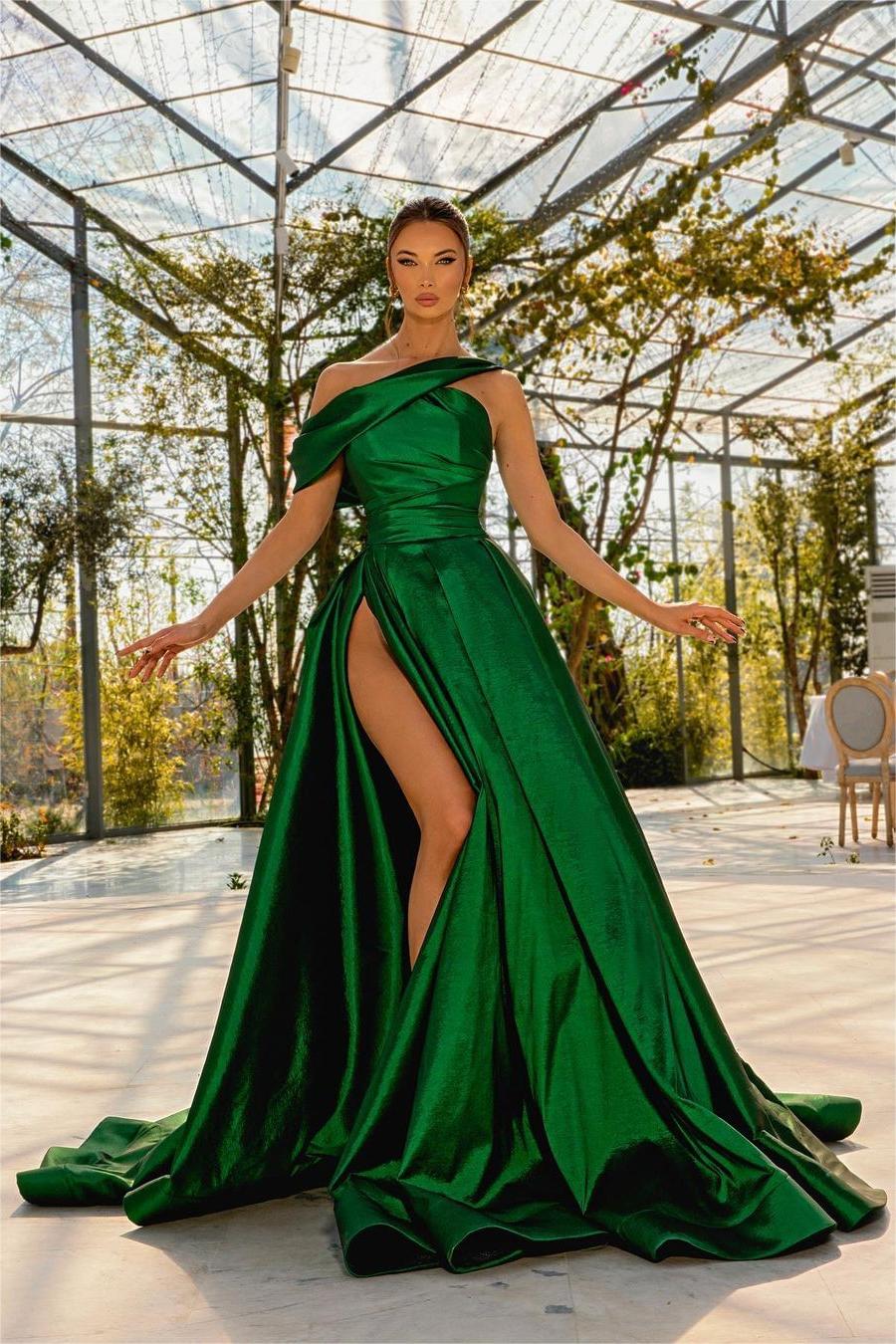 Glamorous Dark Green One Shoulder Prom Dress with Split and Pleated