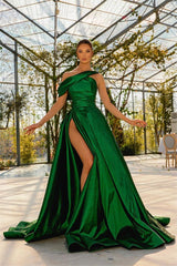 Glamorous Dark Green One Shoulder Prom Dress with Split and Pleated