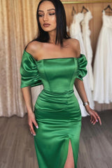 Glamorous Emerald Off the Shoulder Long Prom Dress with Split and Pleated