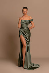 Green One Shoulder Strapless Mermaid Long Prom Dress with Split