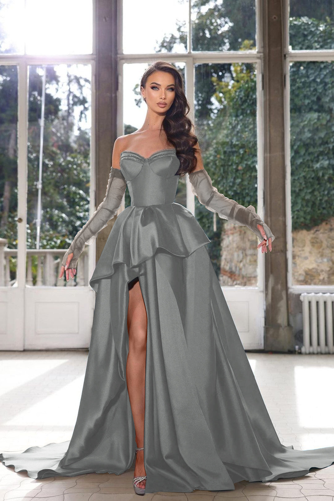 Glamorous Ink Blue Strapless Prom Dress with High Split