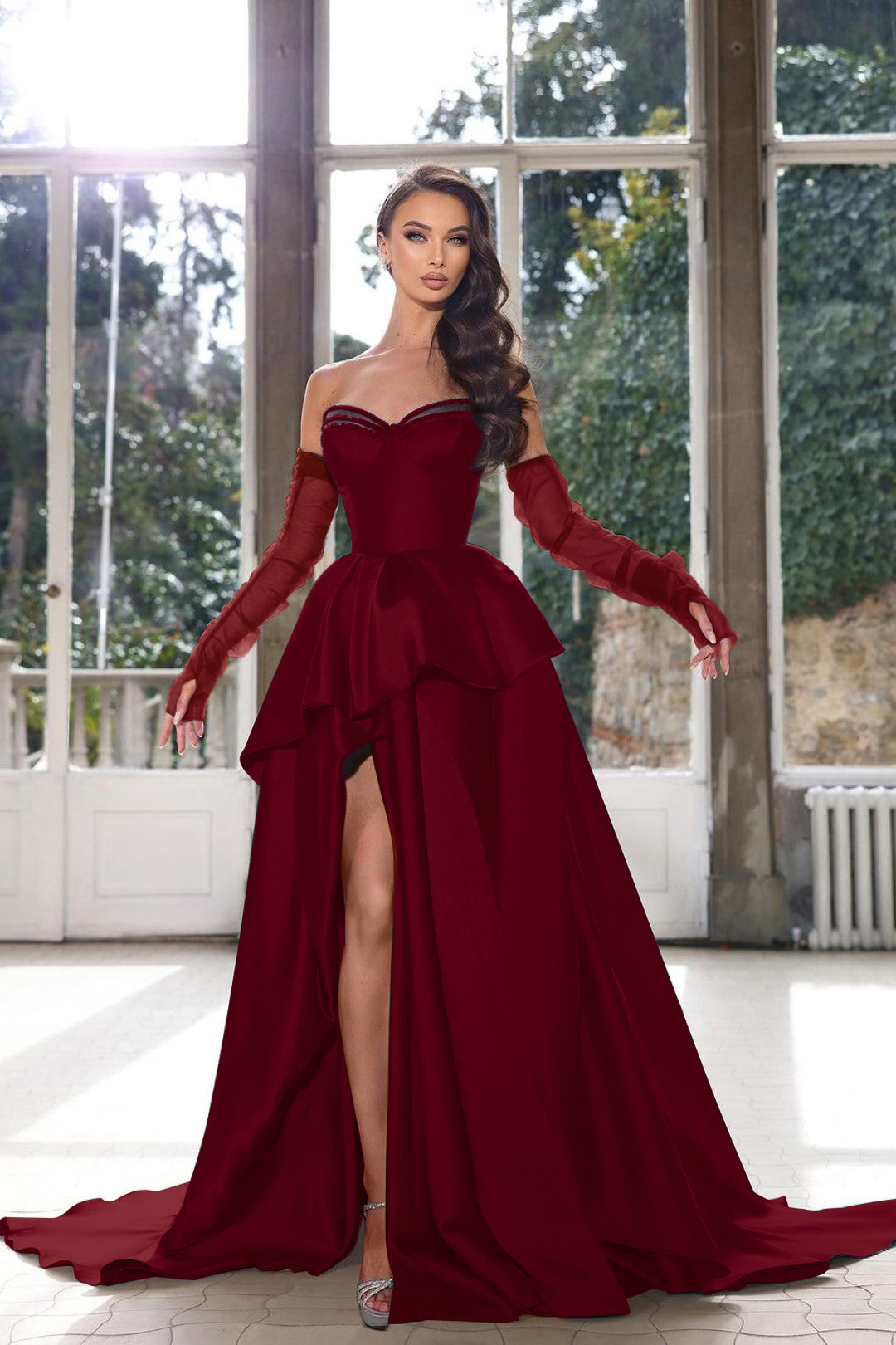 Glamorous Ink Blue Strapless Prom Dress with High Split