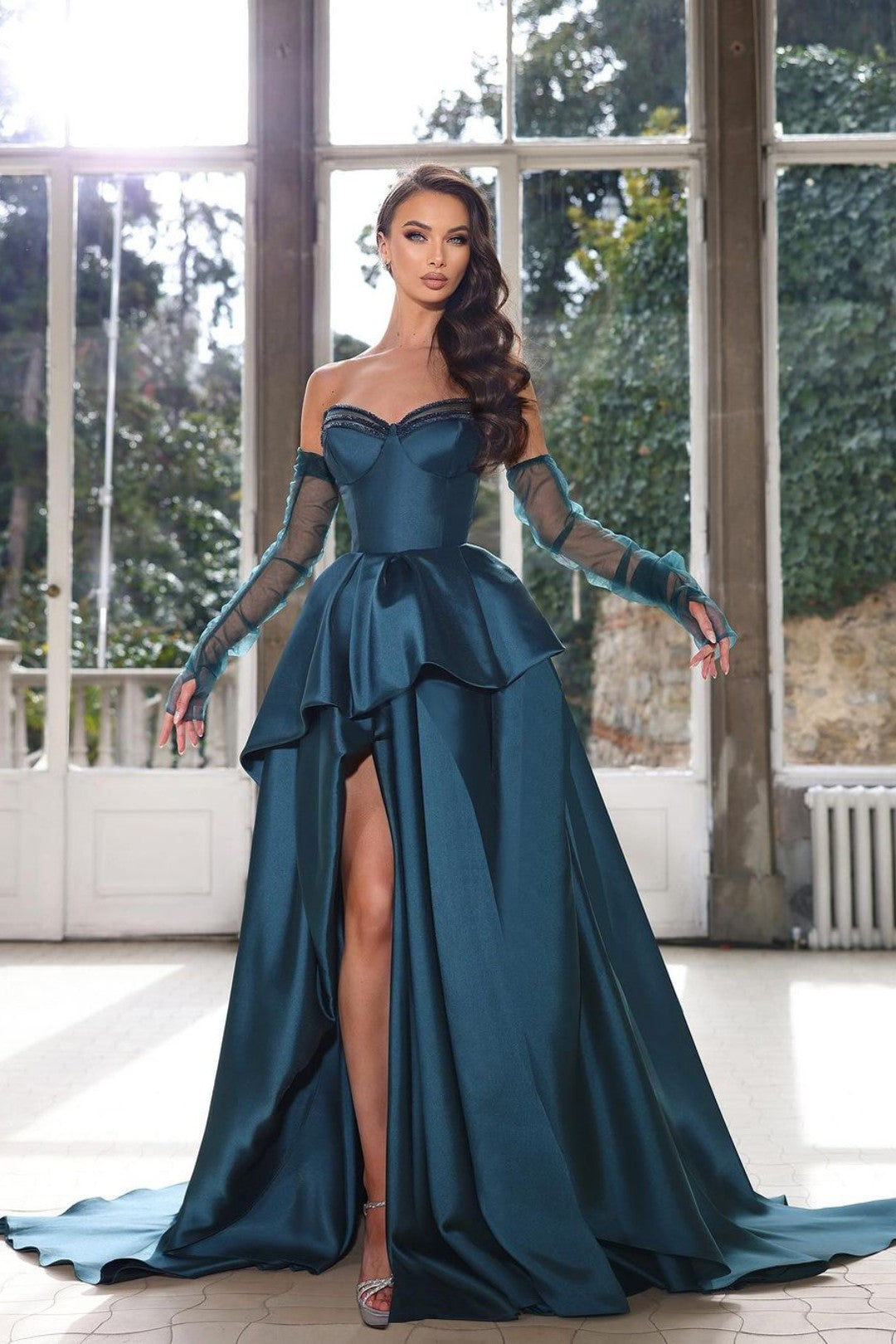 Glamorous Ink Blue Strapless Prom Dress with High Split