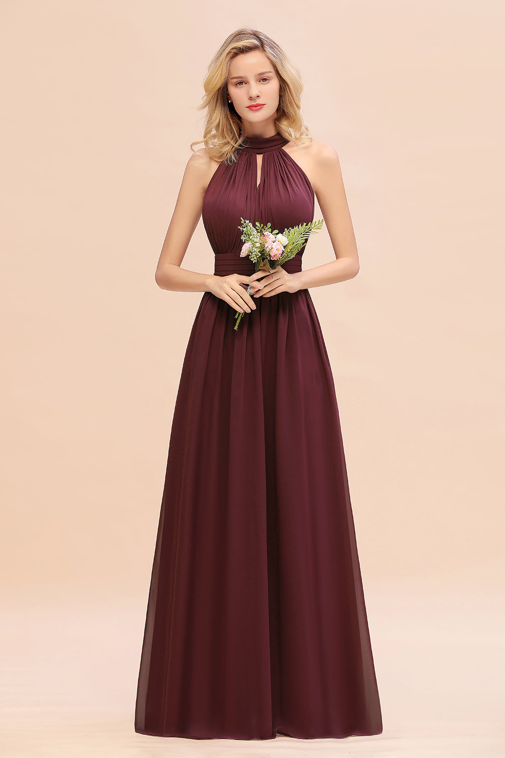 Glamorous High-Neck Halter Bridesmaid Affordable Dresses with Ruffle-Babyonlines