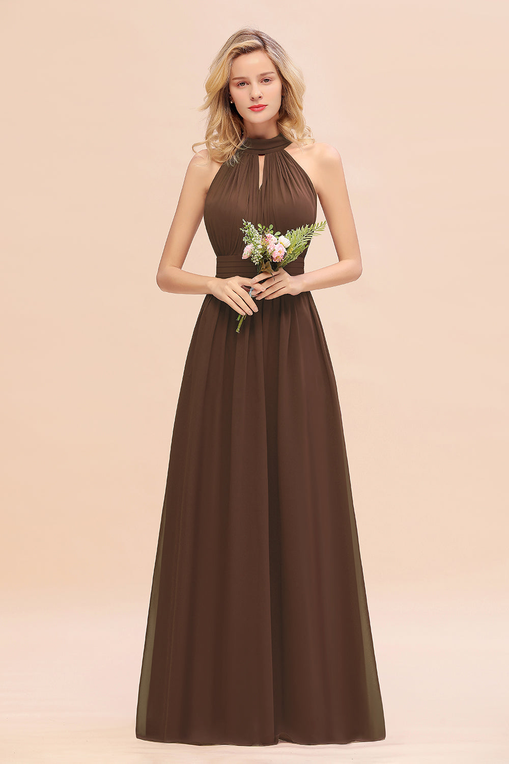 Glamorous High-Neck Halter Bridesmaid Affordable Dresses with Ruffle-Babyonlines
