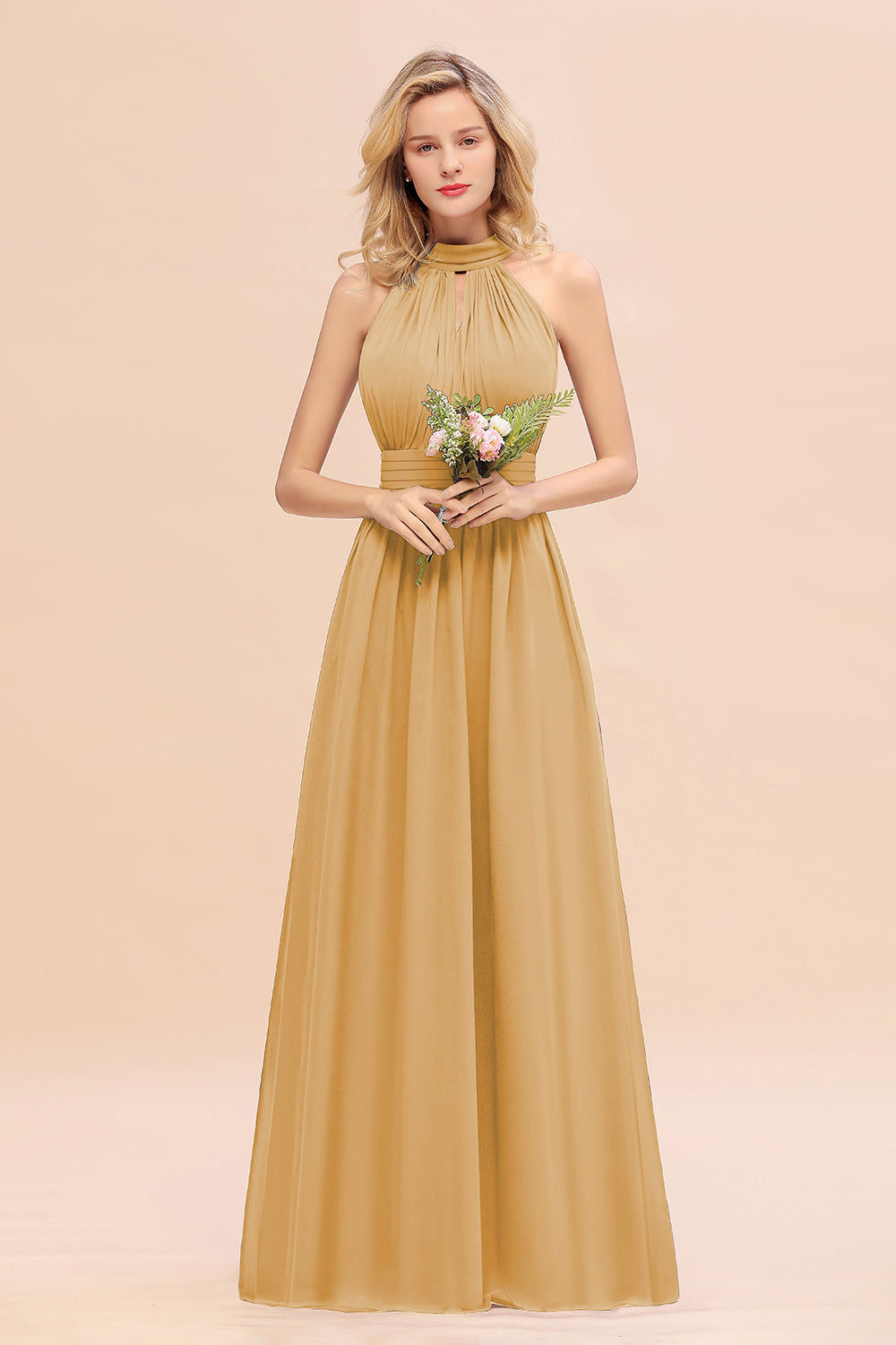 Glamorous High-Neck Halter Bridesmaid Affordable Dresses with Ruffle-Babyonlines
