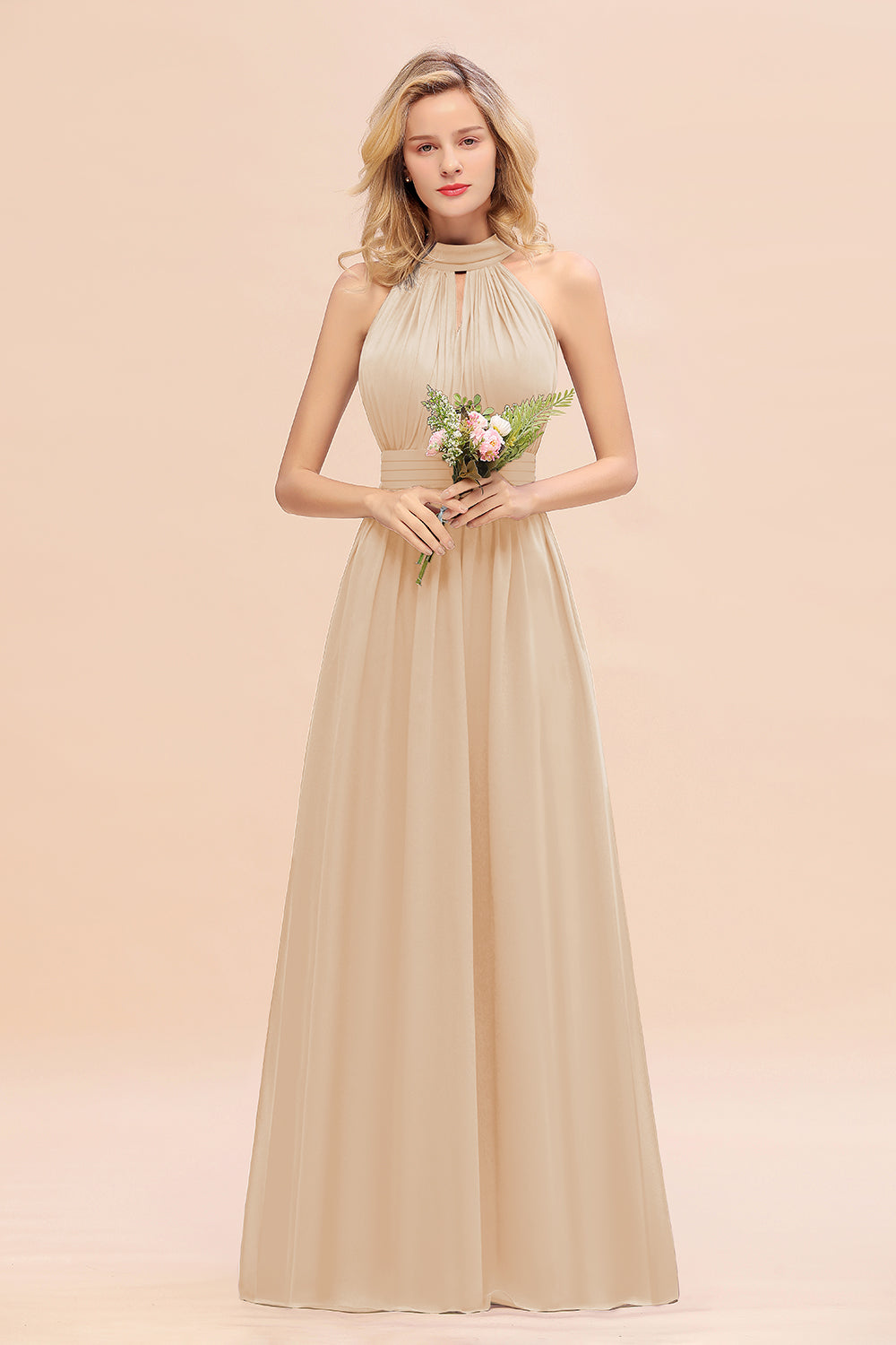 Glamorous High-Neck Halter Bridesmaid Affordable Dresses with Ruffle-Babyonlines