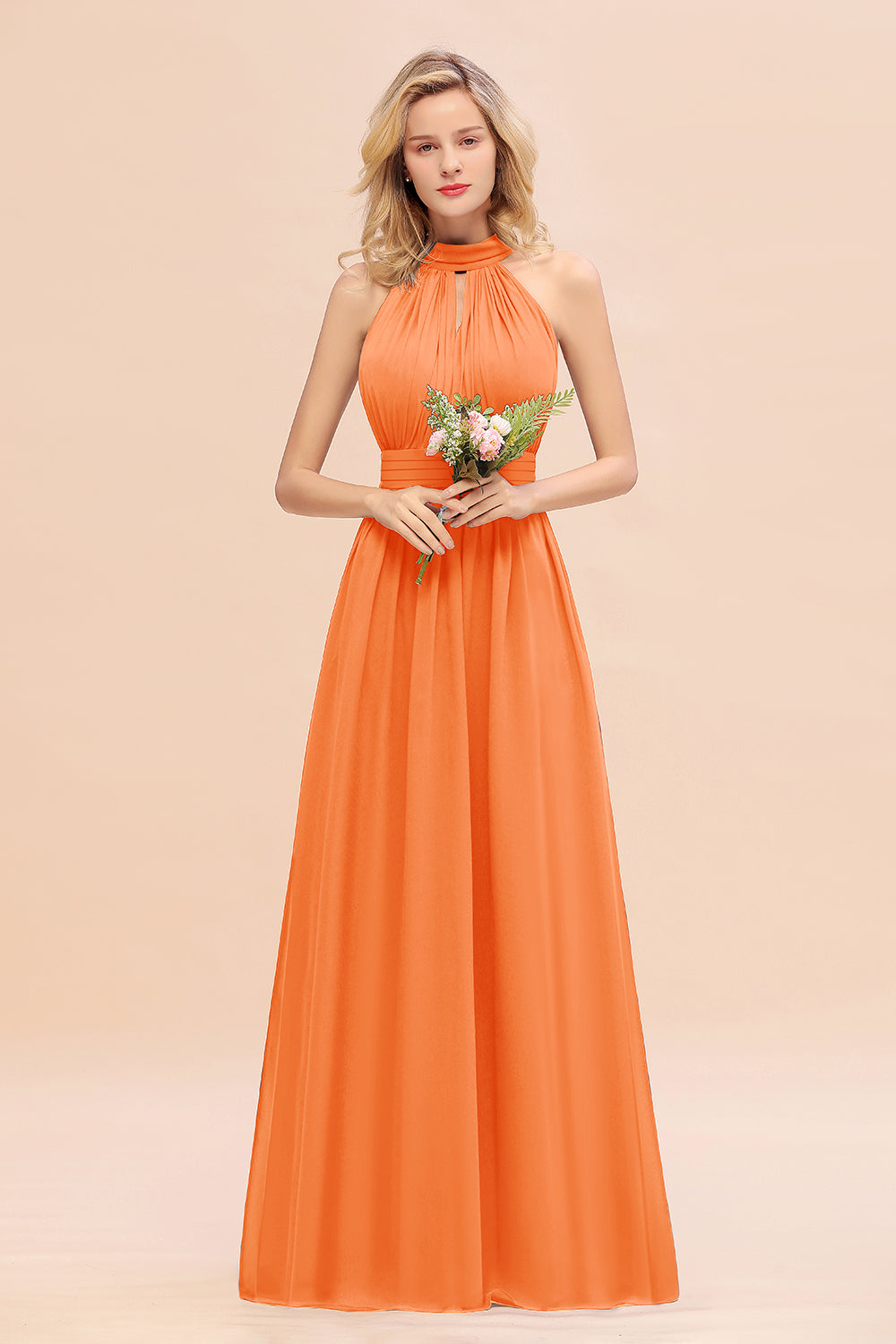 Glamorous High-Neck Halter Bridesmaid Affordable Dresses with Ruffle-Babyonlines