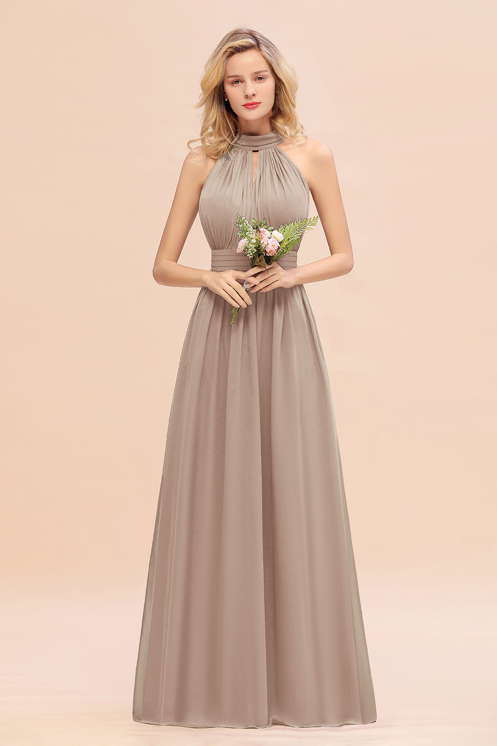 Glamorous High-Neck Halter Bridesmaid Affordable Dresses with Ruffle-Babyonlines