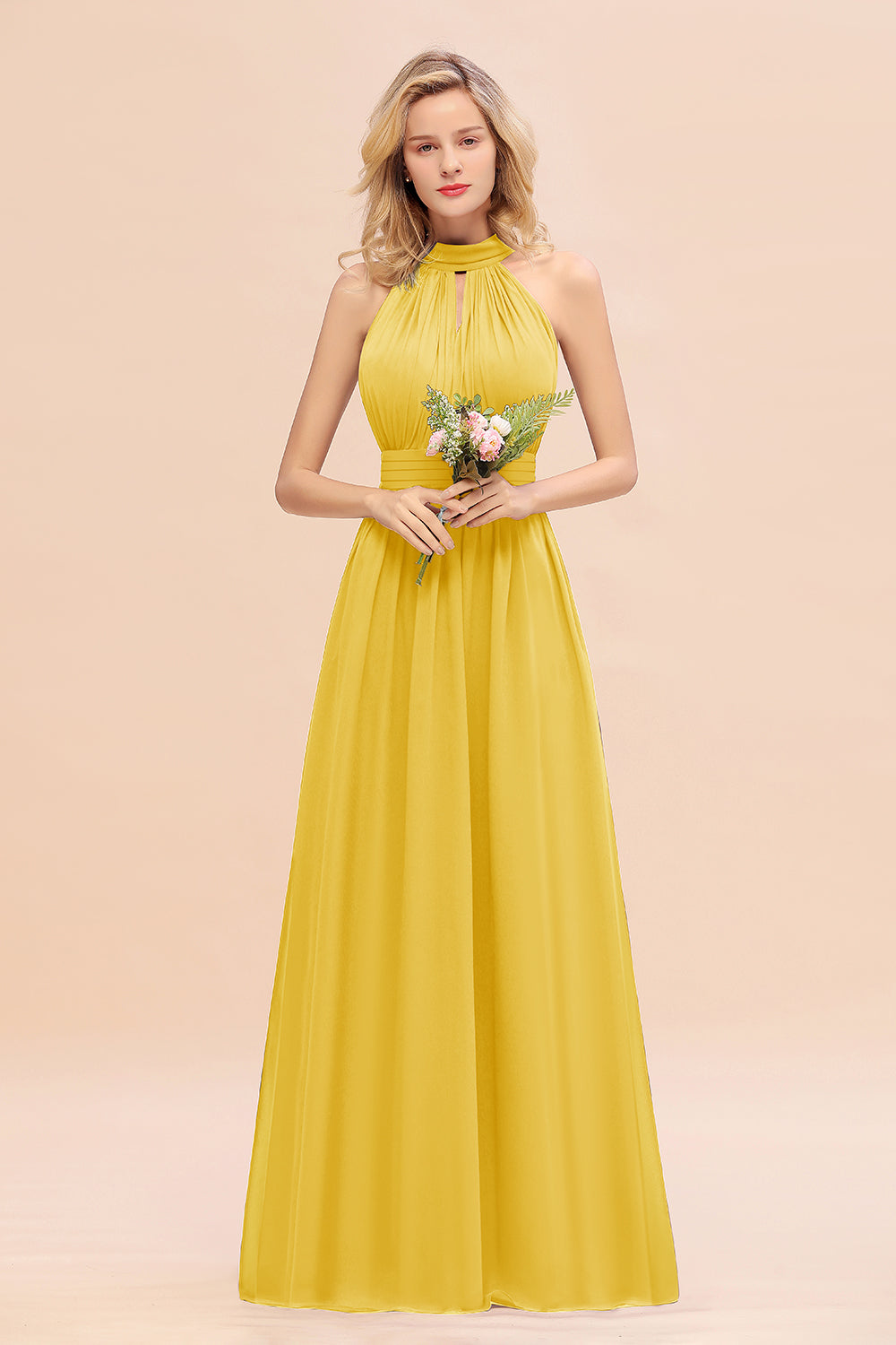 Glamorous High-Neck Halter Bridesmaid Affordable Dresses with Ruffle-Babyonlines