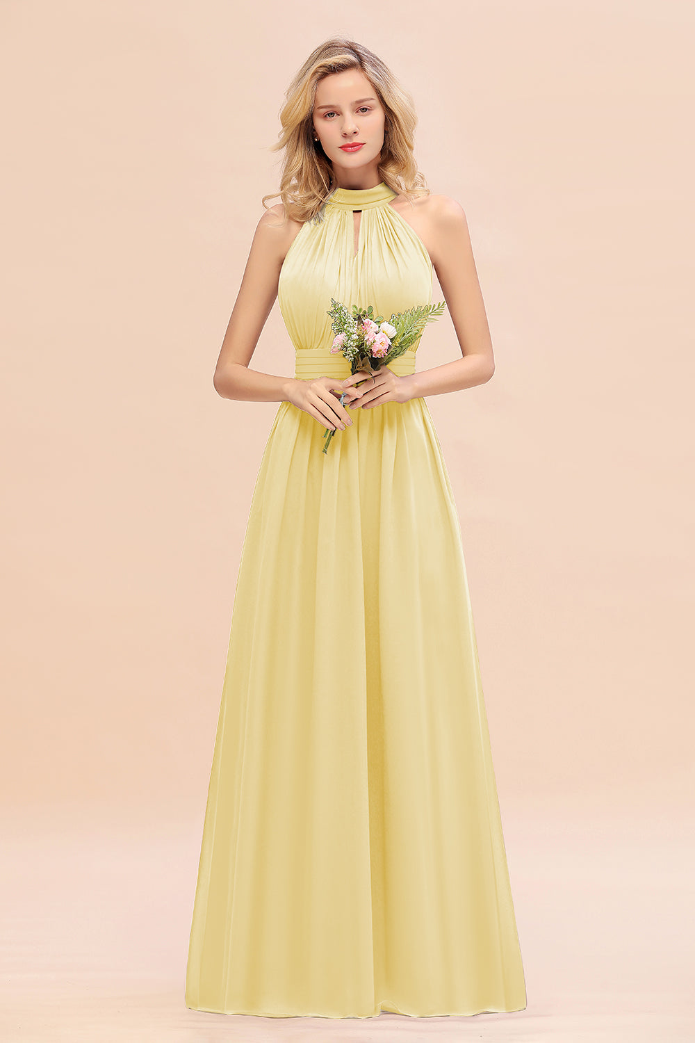 Glamorous High-Neck Halter Bridesmaid Affordable Dresses with Ruffle-Babyonlines