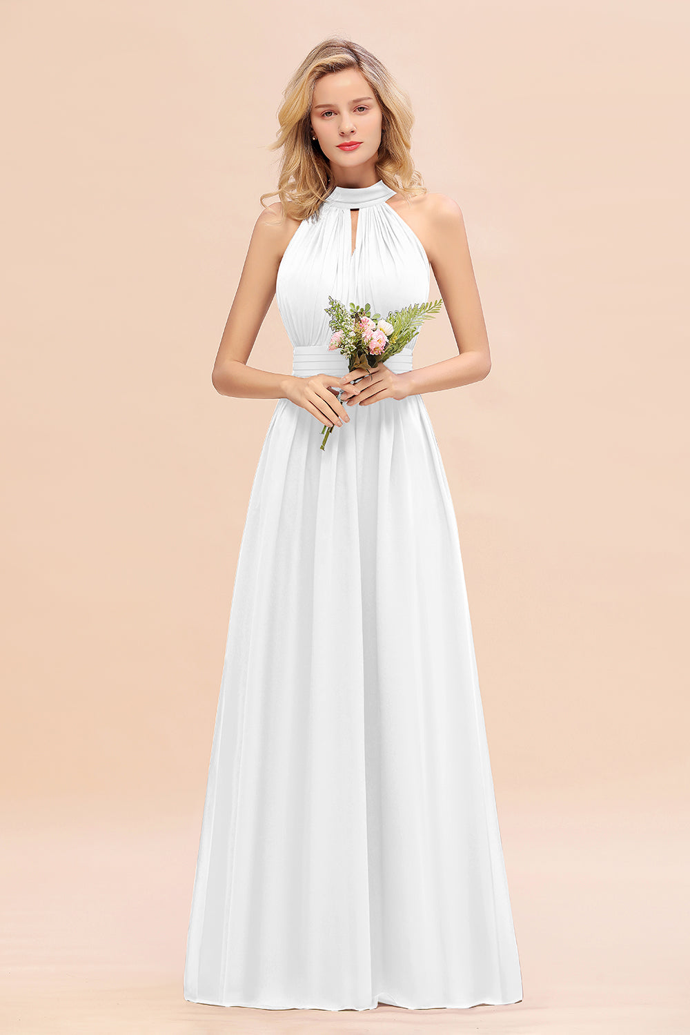 Glamorous High-Neck Halter Bridesmaid Affordable Dresses with Ruffle-Babyonlines