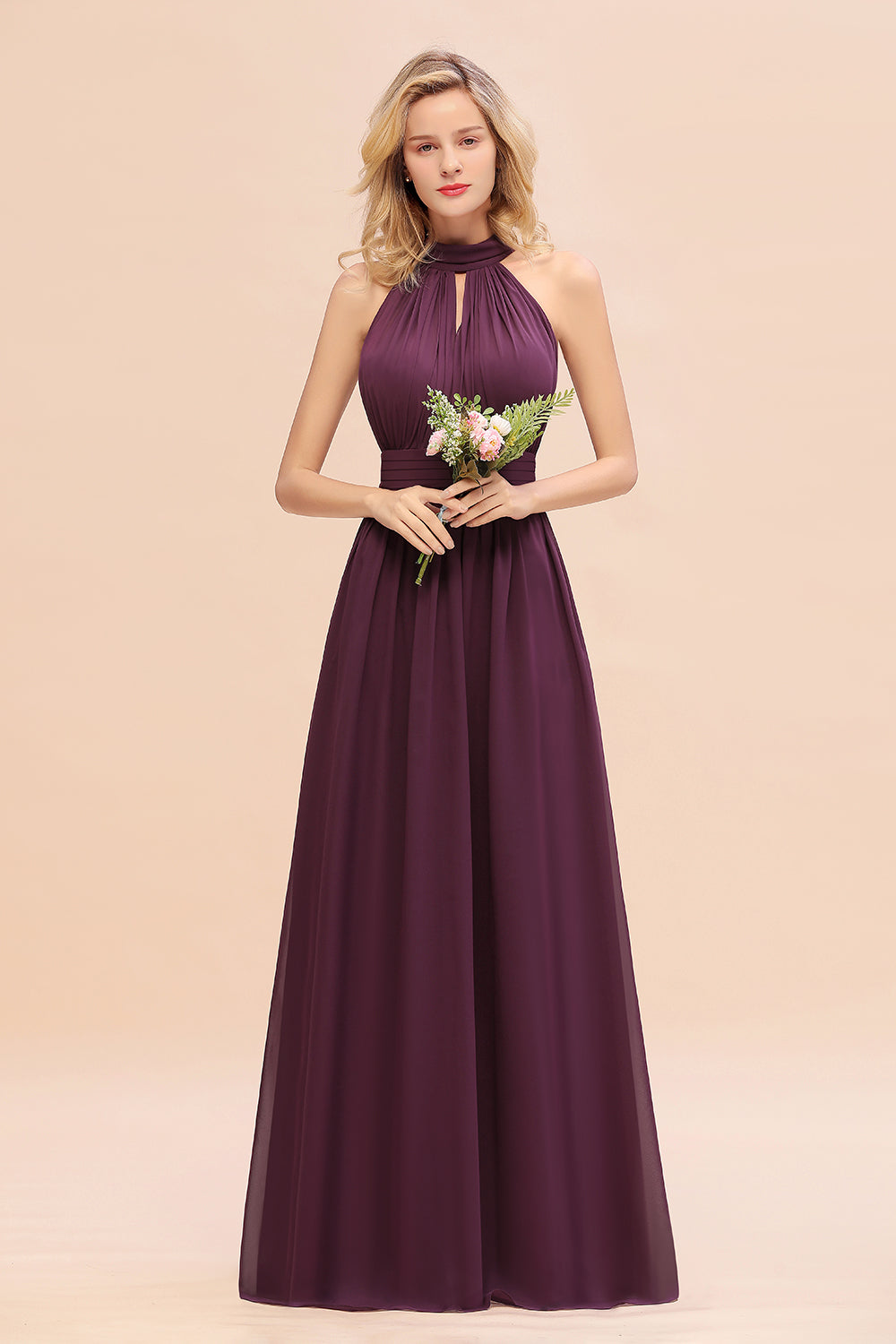 Glamorous High-Neck Halter Bridesmaid Affordable Dresses with Ruffle-Babyonlines