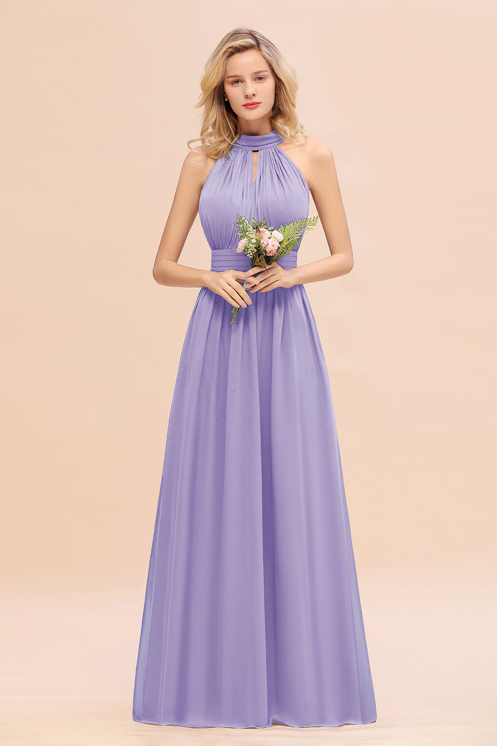 Glamorous High-Neck Halter Bridesmaid Affordable Dresses with Ruffle-Babyonlines