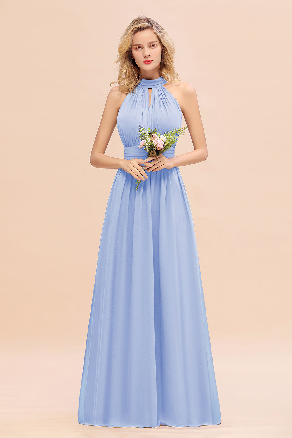 Glamorous High-Neck Halter Bridesmaid Affordable Dresses with Ruffle-Babyonlines