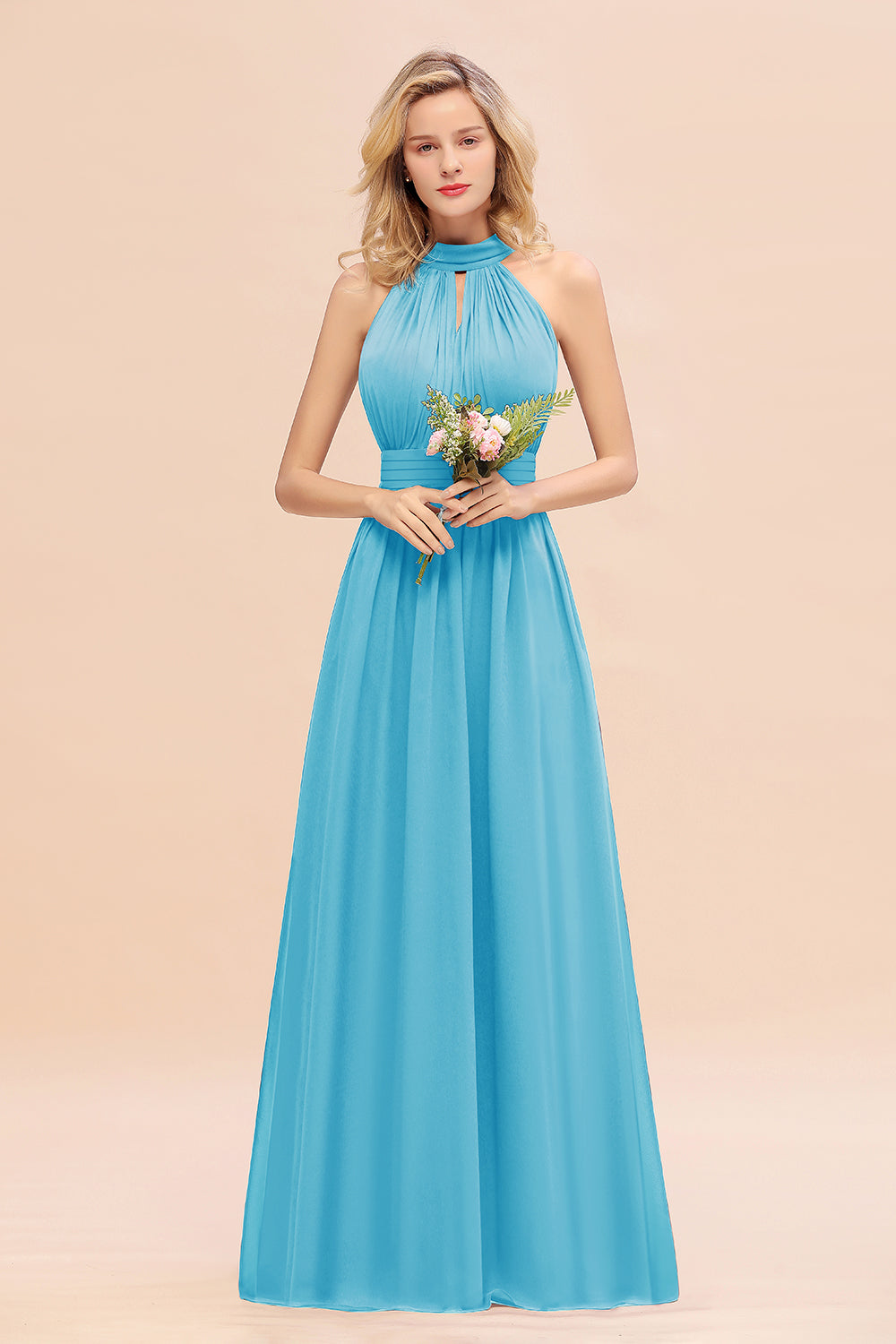 Glamorous High-Neck Halter Bridesmaid Affordable Dresses with Ruffle-Babyonlines