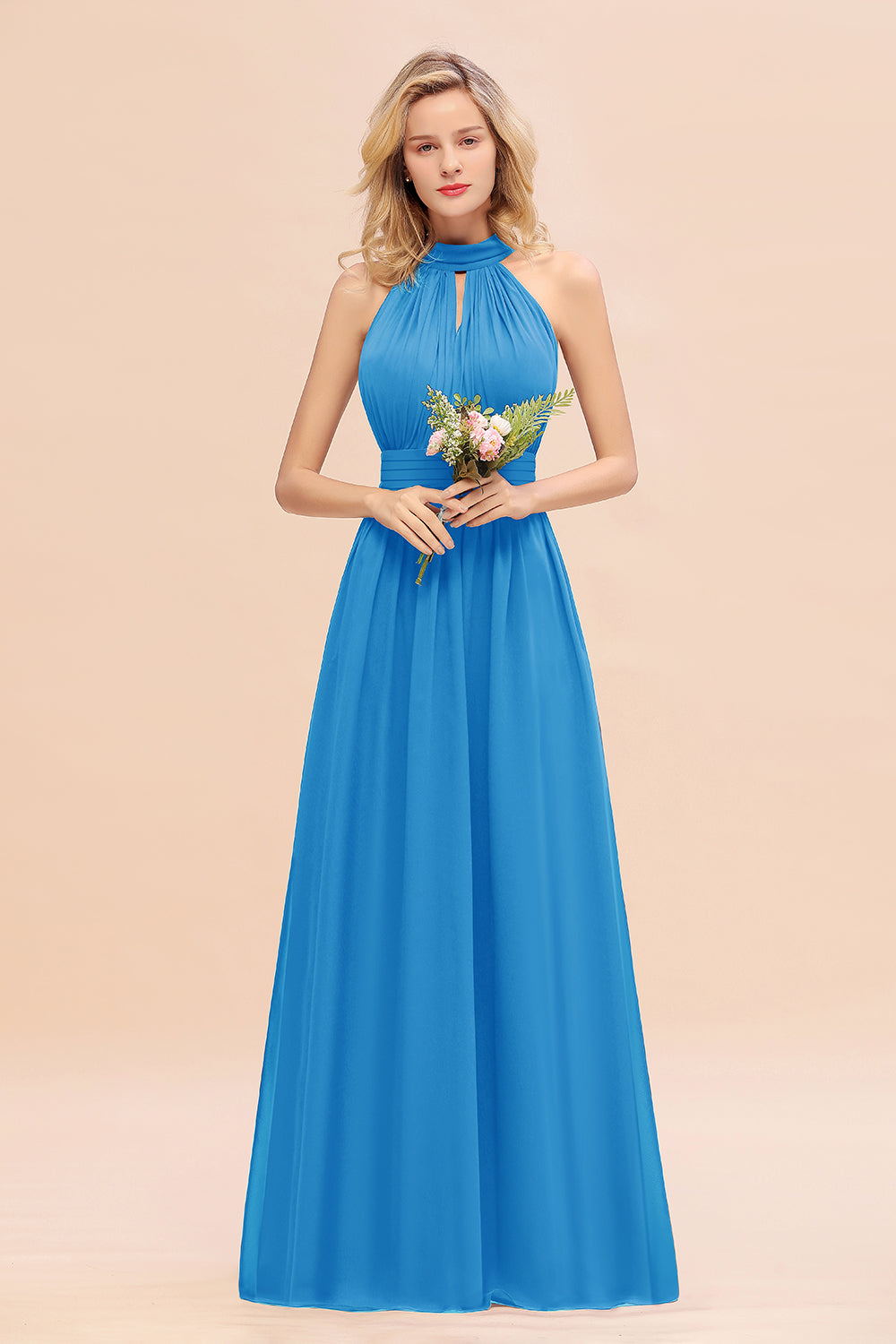 Glamorous High-Neck Halter Bridesmaid Affordable Dresses with Ruffle-Babyonlines