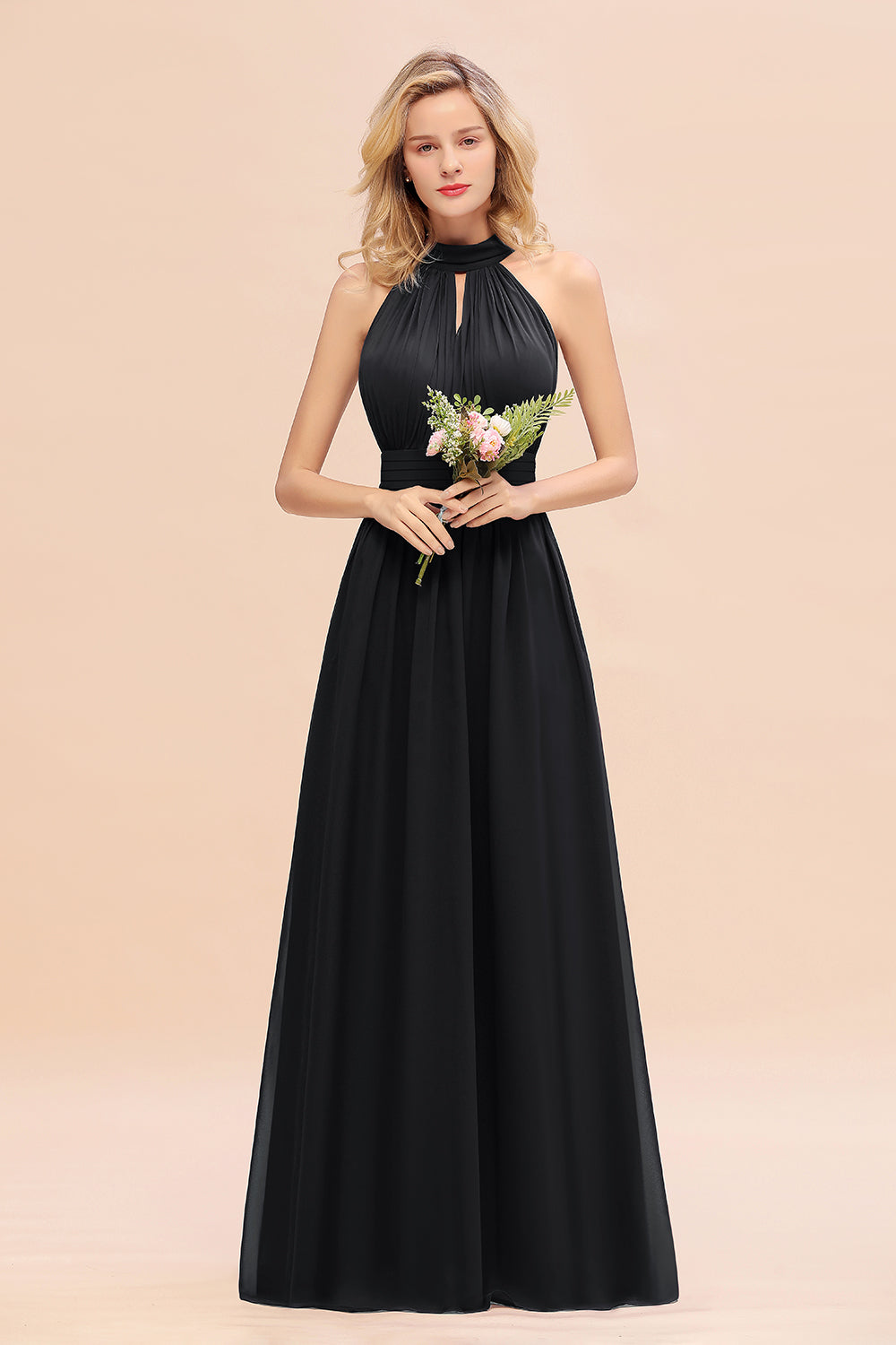 Glamorous High-Neck Halter Bridesmaid Affordable Dresses with Ruffle-Babyonlines